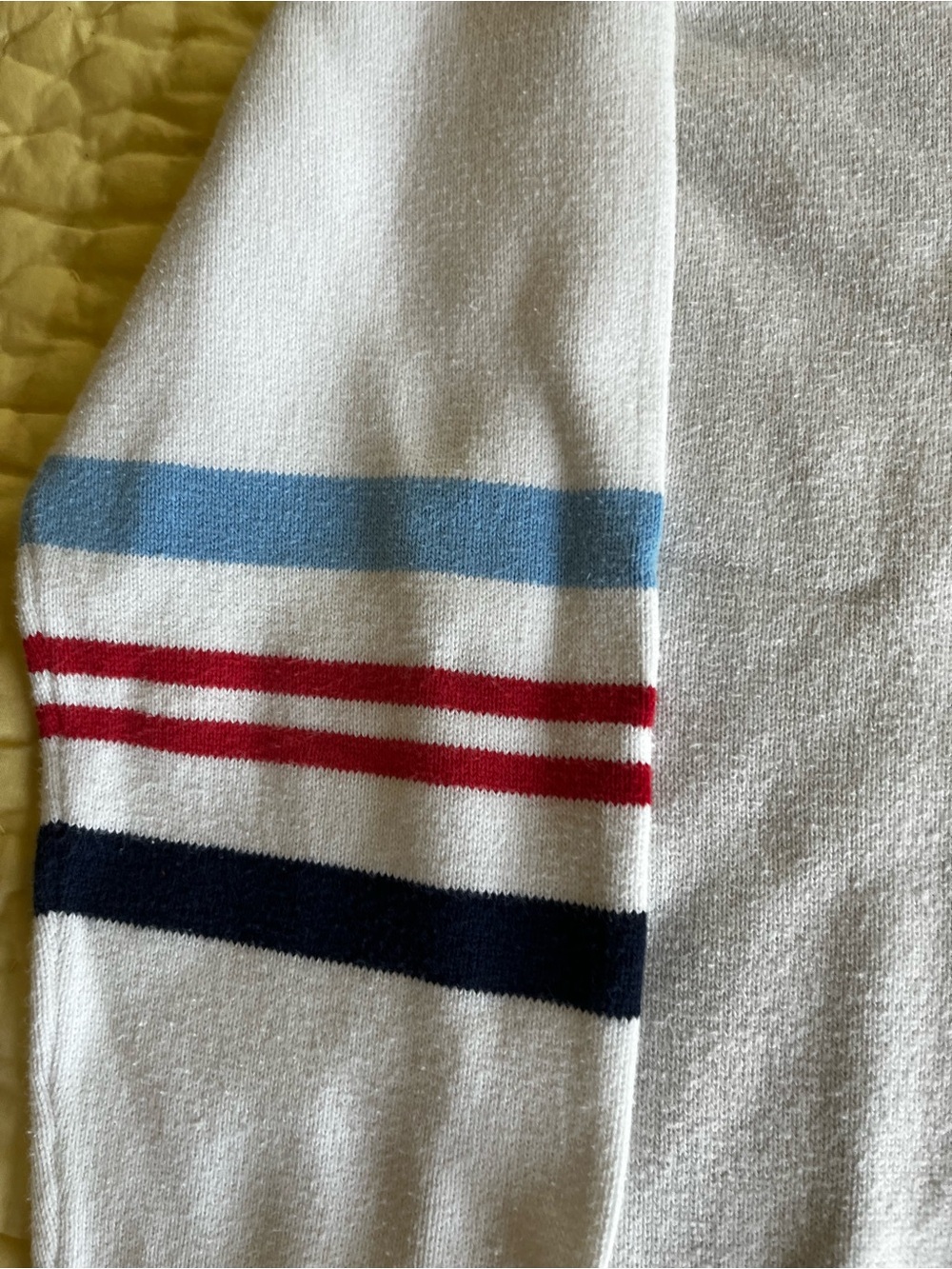 Izod White Summer Weight Sweater with Blue, Red and Navy Stripe Trim